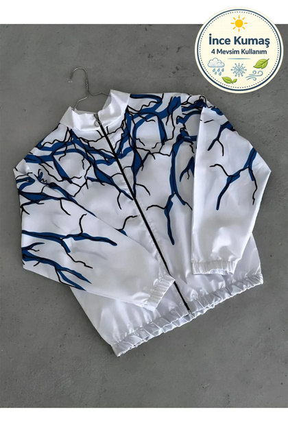 White Blue Lightning Pattern Unisex Parachute Fabric Oversized Digital Print Pack Windbreaker Raincoat Thin Jacket