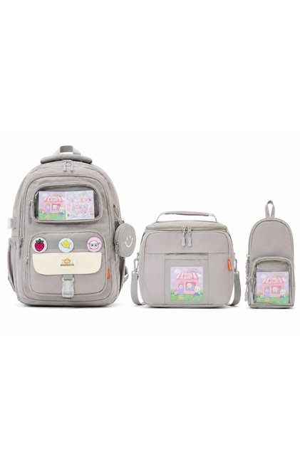 Kawaii 3-Piece Primary School School Bag Set Gray Girls' Lunch Box and Pencil Holder