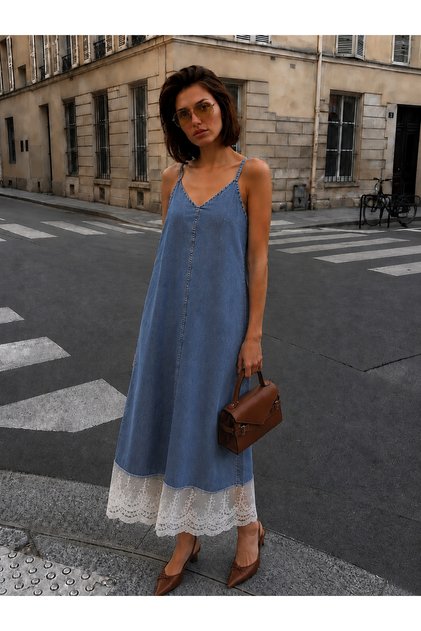 Women's Blue Denim Lace Detail Strap Maxi Dress