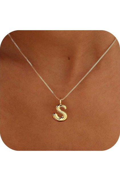 S Gold Plated Bubble Balloon Letter Necklace Stainless Steel Box Chain Initial Necklaces For Women J