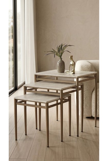 Traverten Desen 1. Sınıf Mebran MDF 3’lü Zigon Sehpa Takımı Bronz Eskitme Ayak