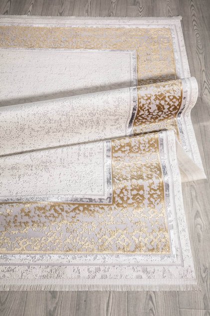 Sarı Bordürlü Parlak Yanar Dönerli Altı Kaymaz Makine Dokuma Halı Point Plus