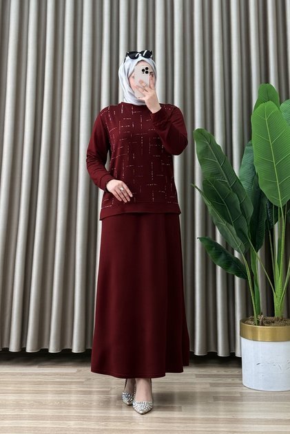 Piraye Etekli Takım kristal Kumaş Etek Üst İkili Tesettür Takım