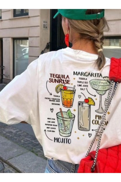 Printed Oversize Cotton Crew Neck T-Shirt with Margarita and Glass Design Tshirt
