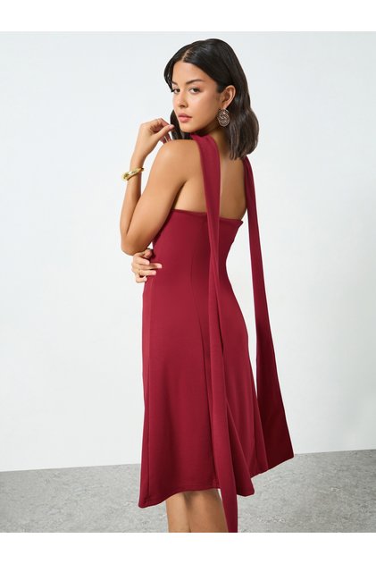 Red Bandeau Knee Length Dress with Neck Scarf