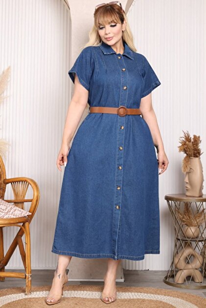 Kadın Büyük Beden Önden Düğmeli Kuşaklı Denim Kot Elbise