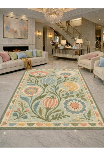 Sdt Pastel Flower Garden Motif Green Background Woven Base Decorative Carpet Sdt1052