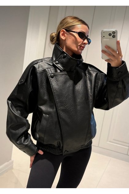 Oversize Women's Leather Jacket High Collar Black Zr Model Zippered