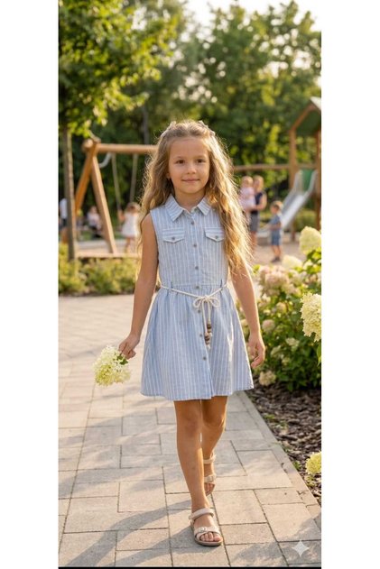 Girl's Summer Striped Dress 100% Cotton Sleeveless Belted Casual Stylish Combination 5-6-7-8 Years Old