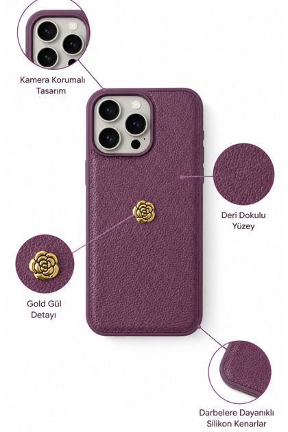 iPhone 16 Pro Compatible Leather Textured Phone Case with Gold Rose Detail