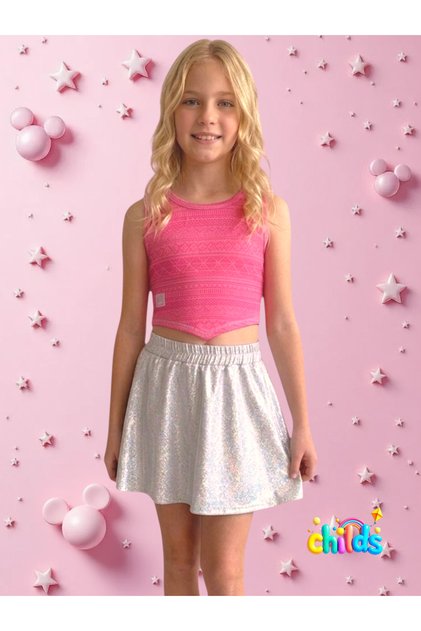 Summer Pink Devore Crop Top and Janjan Silver Shiny Skirt Girls' Two-Piece Set