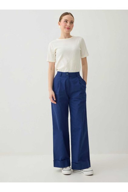 Double Leg Detailed High Waist Trousers - Navy Blue -