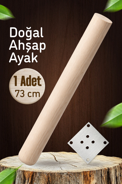 Bohem 73 cm (1 Adet) Doğal Ahşap Boyasız Silindir Sehpa Ayağı - (1 Adet) 8x8 Metal Montaj Aparatı
