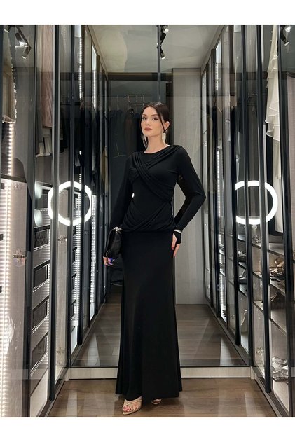 Çapraz Drapeli Uzun Kol Uzun Abiye Elbise 6065