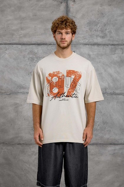 Men's T-Shirt Culture Print Washable Cream Oversize Printed Crew Neck Cotton