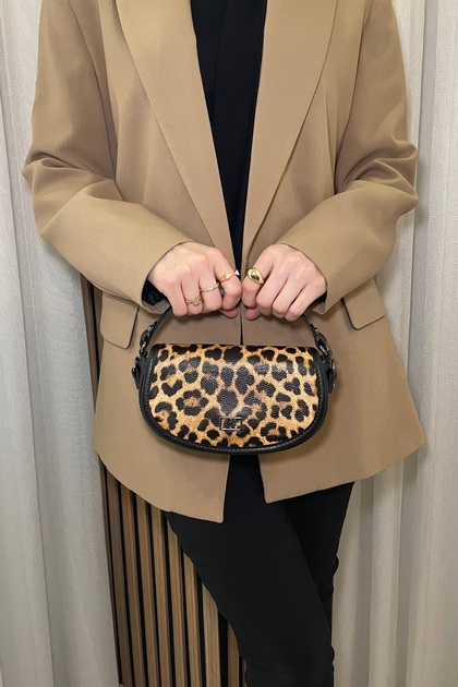 Women's Black Leopard Detailed - Adjustable Long Strap Hand and Shoulder Bag