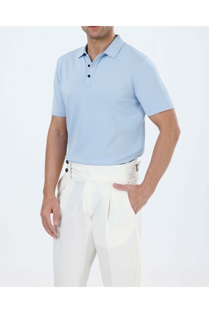 Italian Style Slim Fit Men's Polo Collar Short-Sleeved Knitwear T-Shirt Ice Blue T20029-14