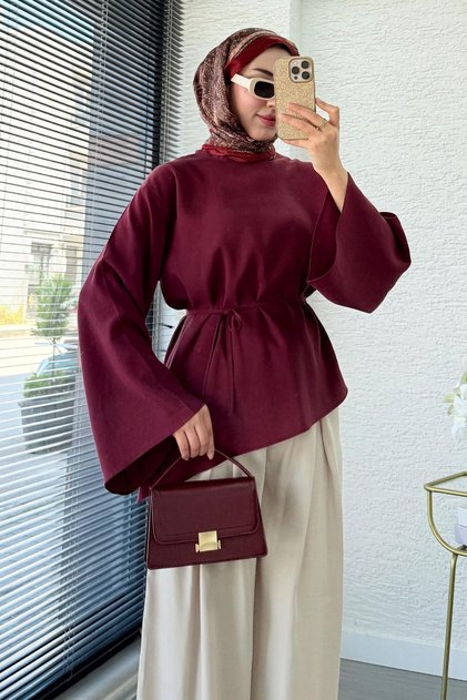 Asymmetrical Cut Flounce Sleeve Modal Blouse – Burgundy