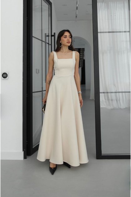 Wide Flared Skirt with Waist Bow Tie Square Neckline Design Long Stylish Museum of Innocence Dress