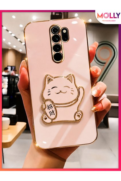 REDMİ NOTE 8 PRO İçin Rose Kenarları Gold Detaylı Şans Kedisi Standlı Lüks Silikon Kılıf