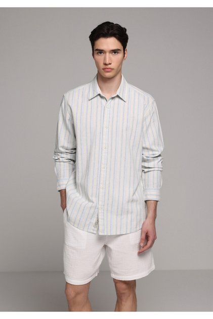 Relaxed Fit Shirt Neck Çizgili Erkek Mavi Uzun Kol Gömlek