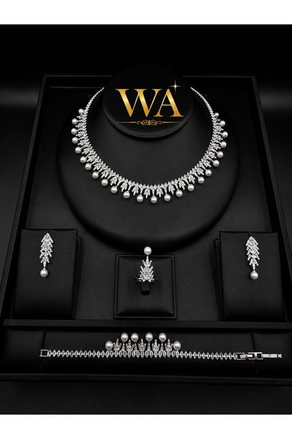 Luxury Zircon Pearl Jewelry Set for Women - High-End Full Set (Necklace + Earrings + Ring + Bracelet) with Royal Dangle Design
