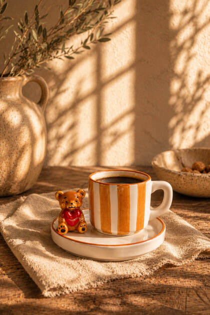 180 ml Double Turkish Coffee Cup with Ceramic Teddy Bear, Striped Espresso Coffee Cup with Plate, 1 Piece
