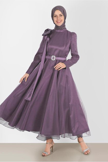 BOW DETAILED BELTED EVENING DRESS 50227