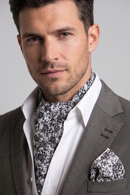 Black and White Floral Patterned Men's Accessory Set: Scarf, Shawl, and Handkerchief