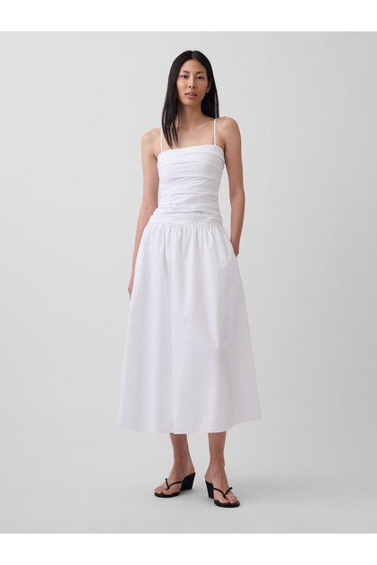 Kadın Beyaz Poplin Drop-Waist Maxi Elbise