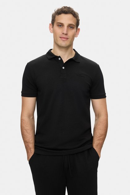 Oscar Black Polo Collar Gofre Printed Soft Textured Modal Fabric Standard Fit Men's Tshirt