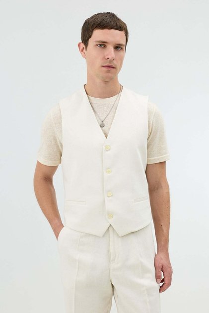 Ecru Linen Blended Herringbone Patterned Men's Vest