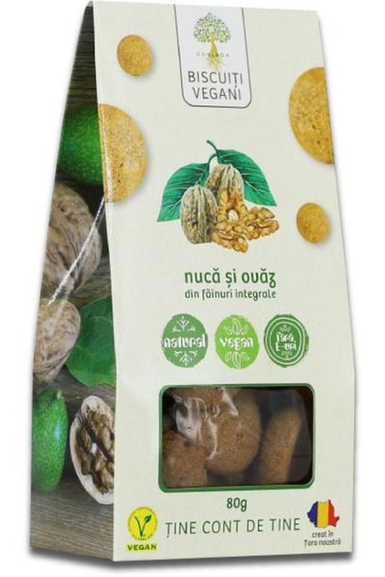 BISCUIȚI VEGANI NUCĂ ȘI OVĂZ CU ZAHĂR BRUN - 80g - Vegan