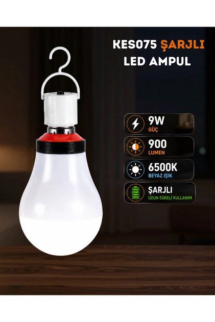 K2 KES075 Şarjlı Led Ampul 9W Beyaz Işık