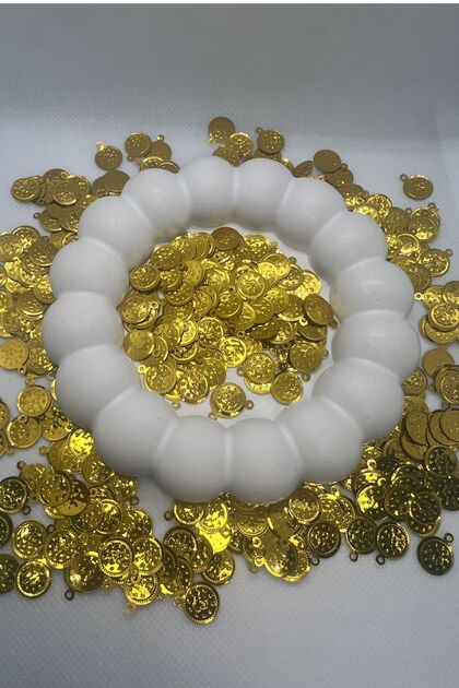 10 Gram Yandan Delikli Tuğralı 10 mm Oya Pulu Mendil Pulu Plastik Boncuk - Renk : Gold