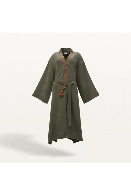 Hazar Women's Dressing Gown 100% Organic Cotton Embroidered Green
