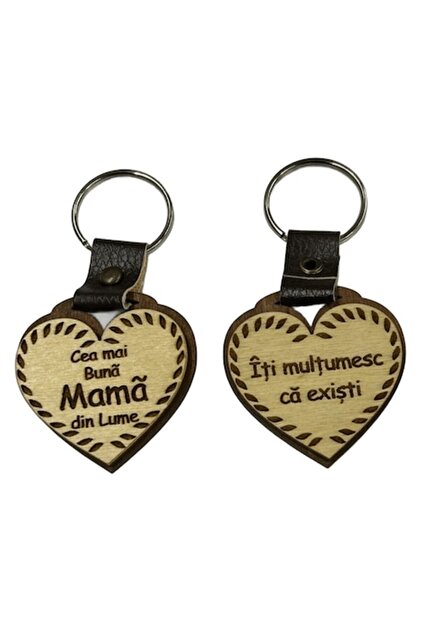 Breloc personalizat din lemn MDF și piele, în formă de inimă, model "Cea mai bună mamă ", gravat cu laser, 90 mm