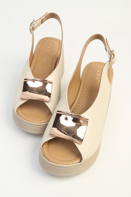Beige Women's Wedge Heel Shoes with Gold Buckle
