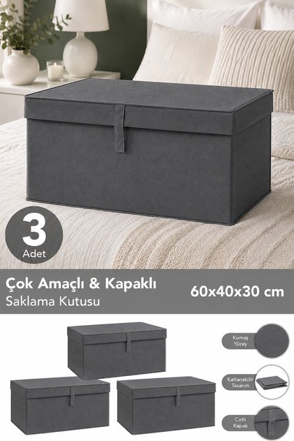 Set of 3 Mega Size Storage Boxes - Multi-Purpose Organizer Storage Box with Lid 60X40X30Cm Anthracite