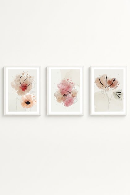 White Wooden Framed Minimalist Triple Painting Huhu205 - Triple Painting Set White Frame