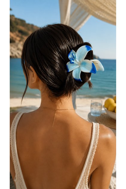 Lotus 9 cm Bone Hairpin – Large Size Hairpin with Blue and White Flower Detail