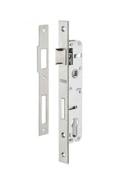 Broască îngropată pentru ușă de intrare metalică/PVC, 20 x 85 mm, pentru cilindru cu profil european