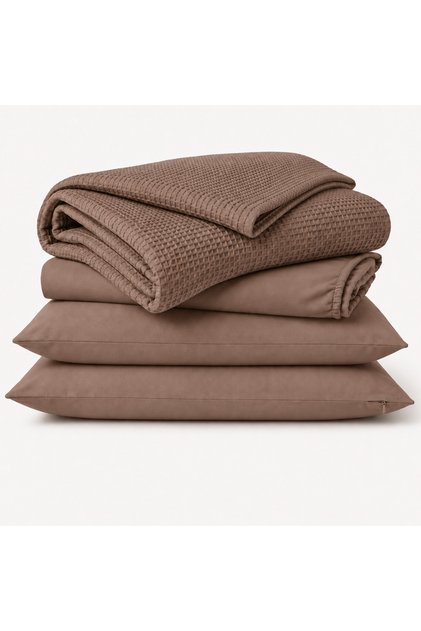 Set lenjerie de vara cu cuvertura pike, 100% bumbac, cearceaf cu elastic 160x200 cm si 2 fete perna 50x70 cm, 4 piese