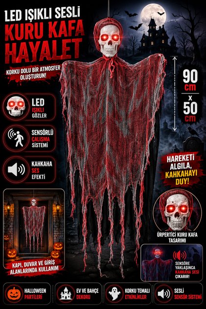 LED Işıklı Sesli Kuru Kafa Hayalet Dekoru Sensörlü Halloween Süsü 90x50 cm Kahkaha Efektli Korku Dekorasyonu