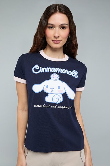 Cinnamoroll Print T-Shirt with Crew Neck and Short Sleeves