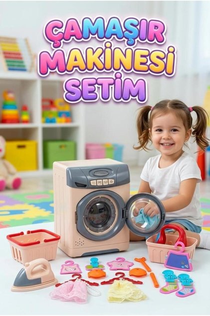 Işıklı ve Sesli Çocuk Çamaşır Makinesi Minik Ev Hanımlarına Özel Eğitici Oyuncak Çamaşır Seti