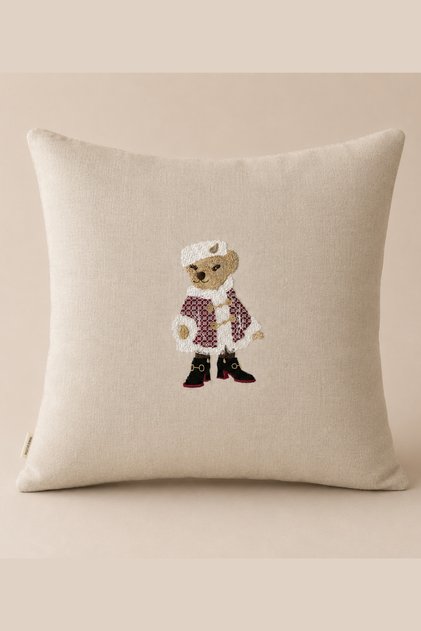 Embroidered Teddy Bear Throw Pillow 42X42 cm Filled – Linen Textured Decorative Pillow