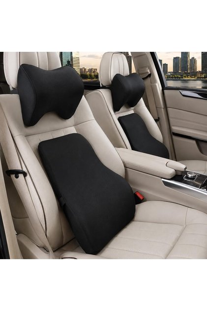 Car Neck Pillow & Lumbar Support Cushion Combo – Memory Foam Car Seat Support, Breathable (Black)
