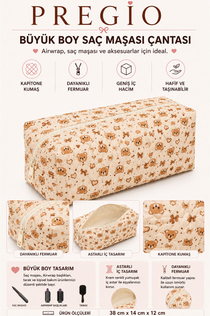 Ayıcık Desenli Airwrap ve Tüm Saç Şekillendiriniz için XL Boy Çanta Seyahat Çantası