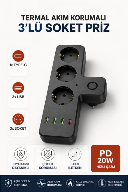 Akım Korumalı 3'lü Priz Çoklayıcı PD 20W Type-C 3 USB Hızlı Şarjlı Çoklu Priz